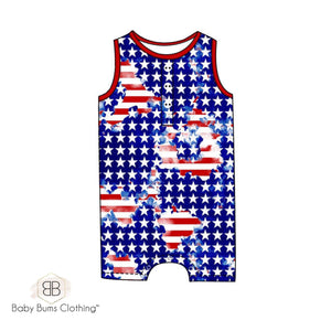 RTS STARS AND STRIPES GRUNGE HENLEY ROMPER - Baby Bums Clothing 