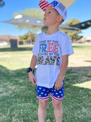 HOME OF THE FREE BECAUSE OF THE BRAVE KIDS T-SHIRT - Baby Bums Clothing 